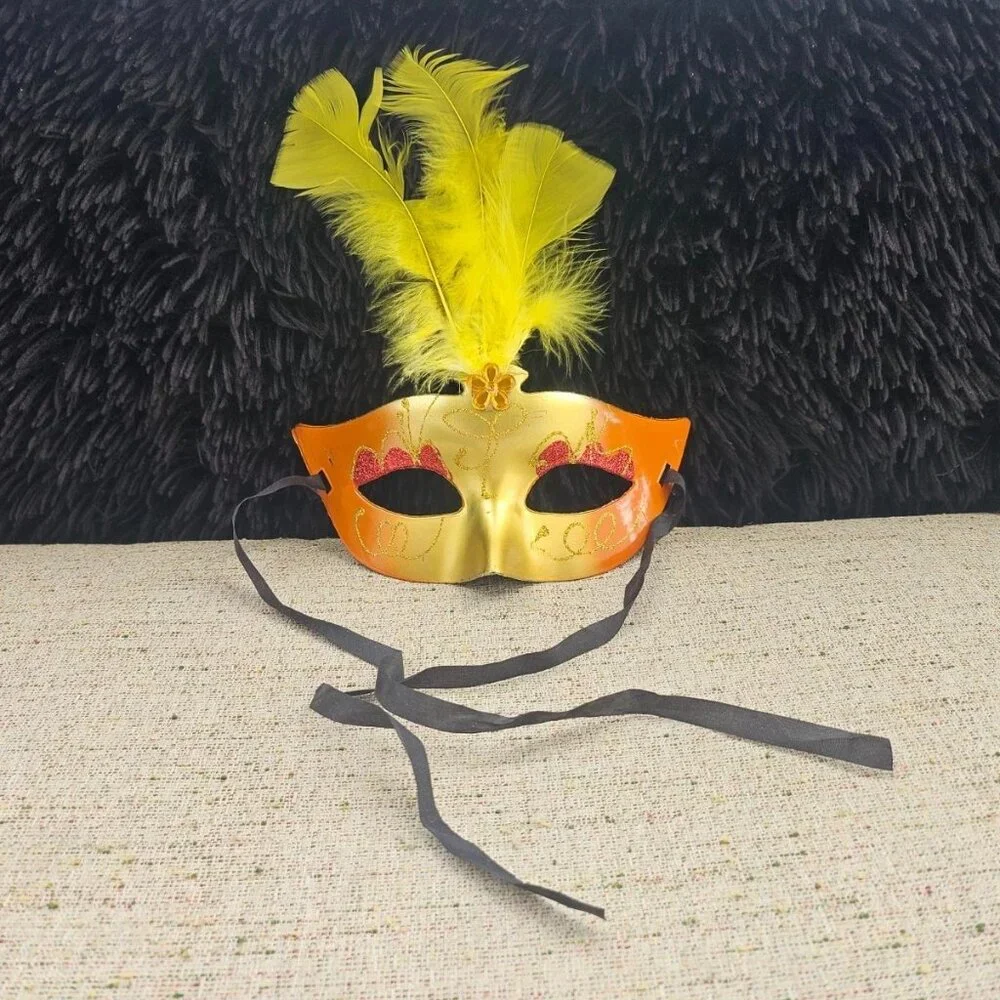 Yellow Faux Feather Mask Party Light Up Face Eye Mask Masquerade Mardi Gras Mask